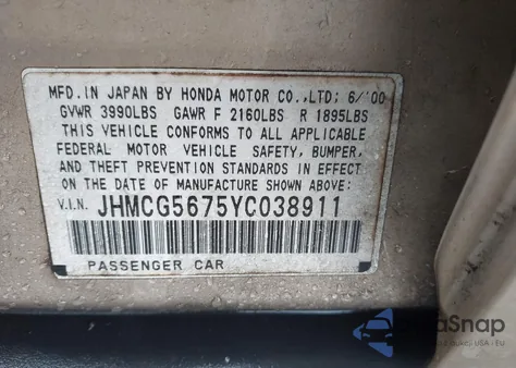 2000 Honda Accord 2.3 Se z USA, uszkodzony, nr VIN JHMCG5675YC038911